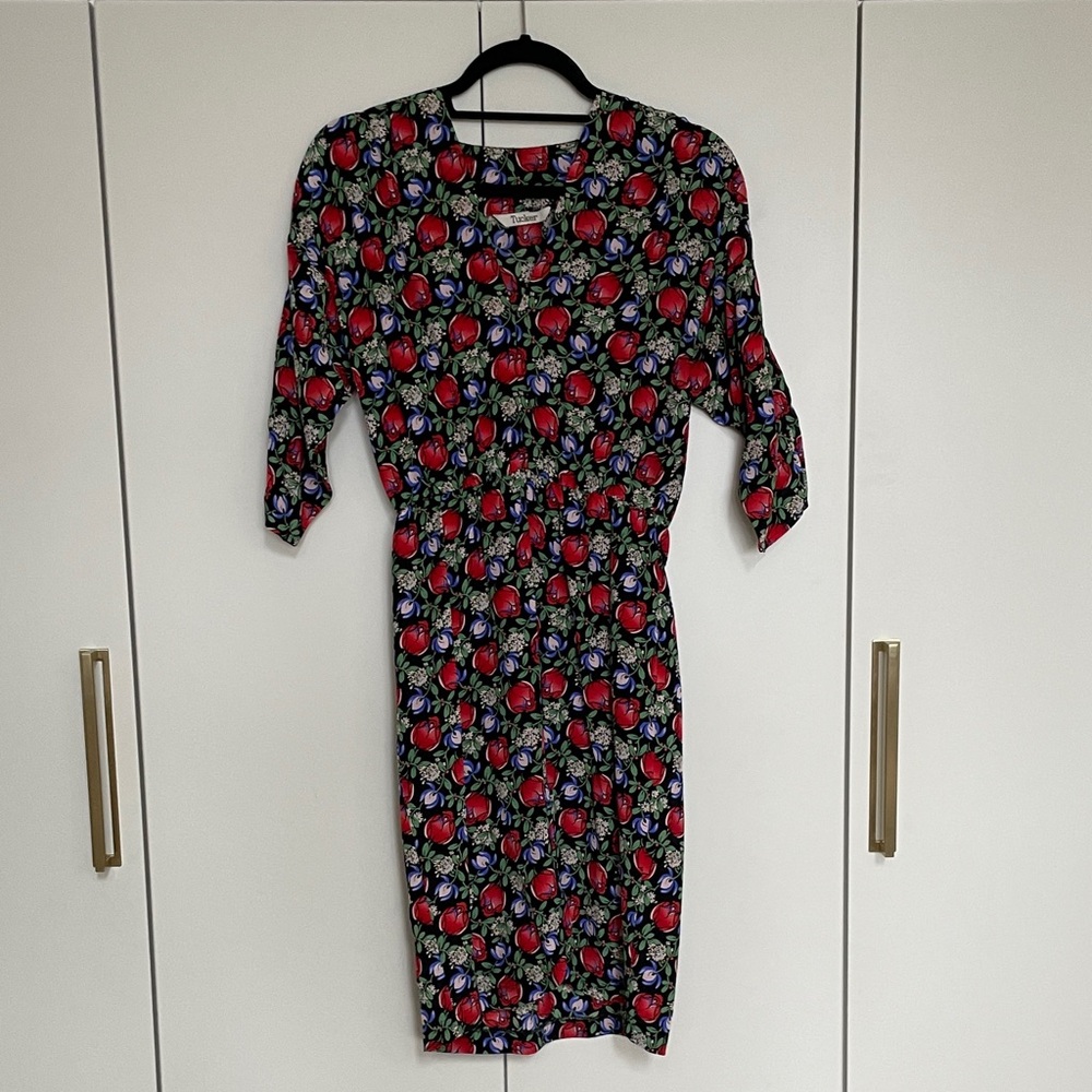Tucker Silk Disco Dress with Red and Blue Floral Pattern